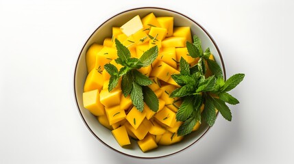 Top view of cubed yellow fruit with green herbs in a bowl on a white surface