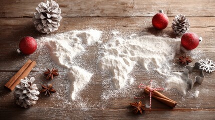 Festive World Map Created with Flour, Surrounded by Holiday Decorations on a Rustic Wooden Surface