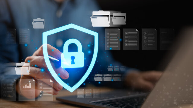A glowing padlock shield icon symbolizes cybersecurity, data protection, and digital privacy. The futuristic interface and online document folders represent secure access, encrypted information