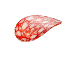 Salami slice with visible fat content isolated on black background perfect for food photography and product promotion