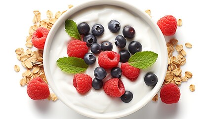 A bowl of yogurt with raspberries blueberries mint and oats on a white surface