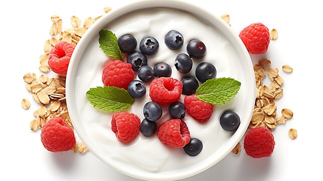 A bowl of yogurt with raspberries blueberries mint and oats on a white surface