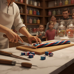 Skilled confectioner carefully cutting a colorful log of handmade hard candy as an eager family watches in a traditional sweet shop