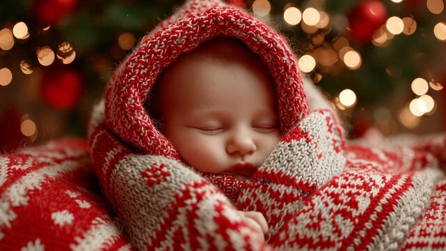 A baby is sleeping in a red and white blanket. The blanket is wrapped around the baby's body. Baby bundled in cozy red and white blanket, warm christmas scene