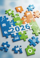 Puzzle Pieces Forming the Year 2026 - Colorful puzzle pieces come together to create the year 2026, symbolizing strategy, planning, and future goals