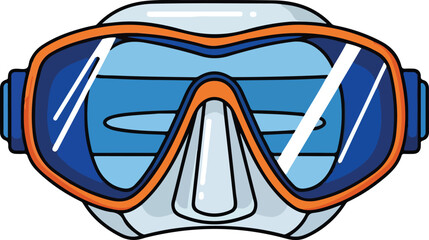 Diving mask with blue lenses, orange trim, suitable for websites, articles, brochures, and infographics related to scuba diving equipment.