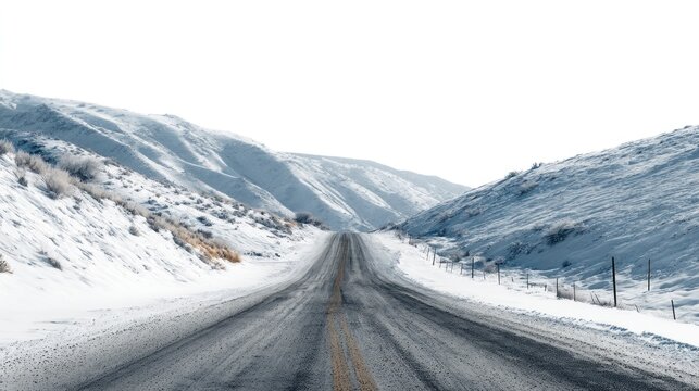 A snowy, empty road stretches into the distance, flanked by snow-covered hills and a fence. - Powered by Adobe