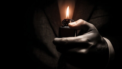 A hand holds a lit lighter against a dark background