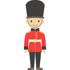 Cartoon Guard in Red Uniform and Tall Black Hat Standing Front View With Simple Design and Transparent Background