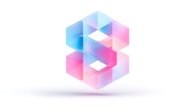 A colorful, abstract geometric shape with a gradient of pink and blue, floating in the air against a white background.