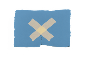 Torn blue paper piece with an x shape made from masking tape, symbolizing repair, mending, and solution on transparent background