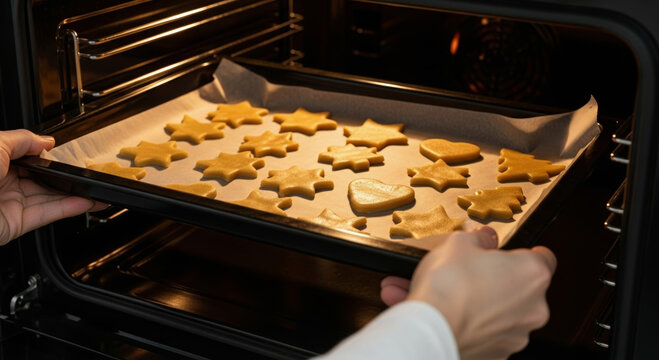 Gingerbread cookies on tray being placed into oven for cozy christmas and new year baking moment with warm light and festive shapes creating joyful holiday atmosphere