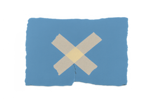Torn blue paper piece with an x shape made from masking tape, symbolizing repair, mending, and solution on transparent background