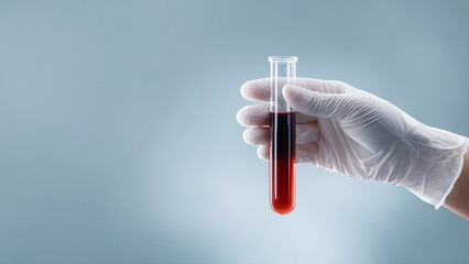 A gloved hand holds a test tube filled with blood, for science