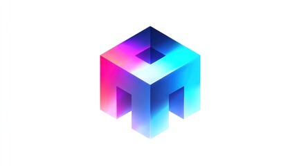 A colorful, abstract cube with a gradient of blue, pink, and purple, set against a white background.