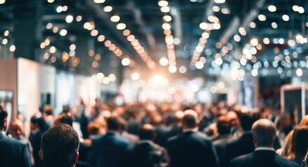 The image features a blurred view of a crowded indoor event with booth displays and people in suits, illuminated by overhead lighting. High quality
