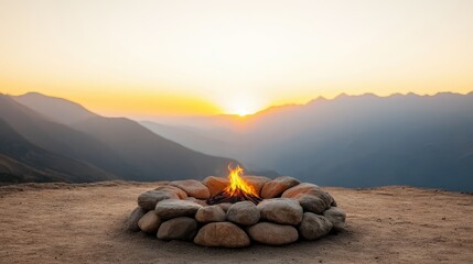 Wellness meditation detox concept. Cozy campfire surrounded by stones at sunset in a mountainous landscape.