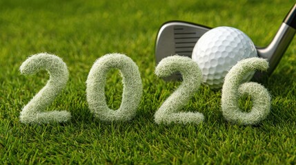 Golf Theme 2026 New Year Date Concept with Golf Club and Ball on Green Grass
