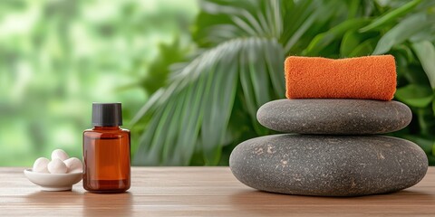 Wellness meditation detox concept. Calm spa setting with stones, essential oil, and greenery for relaxation and wellness.