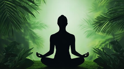 Wellness meditation detox concept. Silhouette of a person meditating surrounded by lush green foliage.