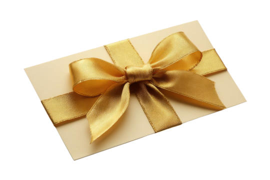 Cream colored card with a shiny gold satin ribbon tied in a bow beige yellow, Png, Isolated on Transparent Background, Cut Out