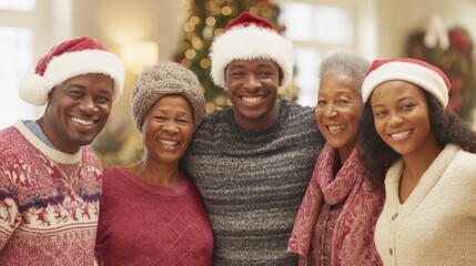 Happy African American Family Celebrates Christmas Together at Home, Smiling and Wearing Festive Holiday Hats