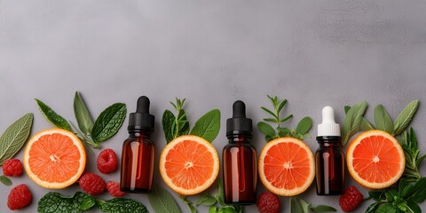 Wellness meditation detox concept. Essential oils in dark bottles with citrus slices and greenery arranged on a textured surface.