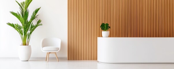 Wellness meditation detox concept. Modern interior featuring a plant, minimalist chair, and wooden wall design.