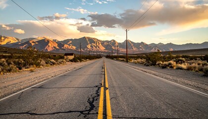A scenic drive at dusk, a straight highway stretches toward distant mountains under a cloudy, golden sky. Landscape, open road
