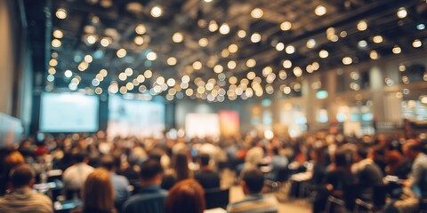 Abstract concept of a crowded seminar hall with blurred attendees engaged in discussions and presentations. High quality