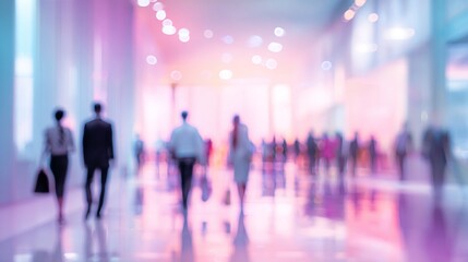 Blurred background of a business event with people in a modern office interior, featuring pastel colors and a bokeh effect. High quality