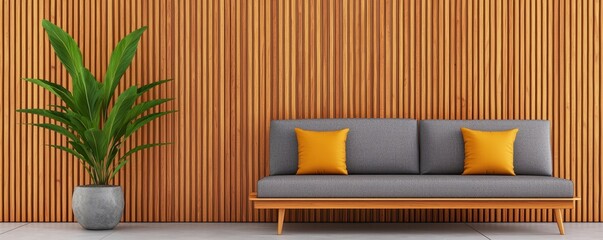 Wellness meditation detox concept. Modern living room with a striped wall, stylish sofa, and decorative plant.