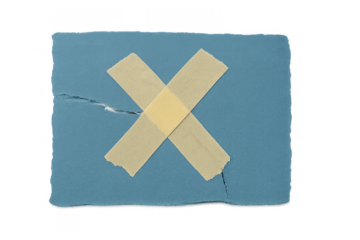 Blue paper sheet with a tear across the middle, mending it with two strips of masking tape forming an x, showing repair and unity
