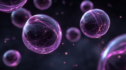 Purple and pink spheres with glowing lines, floating in a dark, ethereal space with a few small, glowing orbs scattered around.