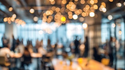 Blurred background of a business event with people in a modern office interior, featuring pastel colors and a bokeh effect. High quality