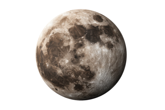 Detailed view of the full moon surface with craters and dark maria against black lunar, Png, Isolated on Transparent Background, Cut Out