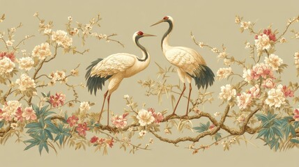 Obraz premium Two cranes perched on branches with blossoms, one in profile, against a beige background with subtle floral patterns.