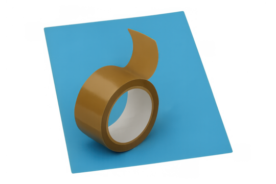 Brown packing tape roll with adhesive strip unrolling on blue background, ready for packaging and shipping