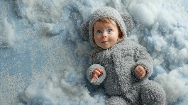 A baby is wearing a grey snowsuit and is laying on a bed of white clouds. The baby is smiling and looking at the camera. Baby lying on soft snowy-themed surface