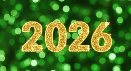 Sparkling New Year 2026 - Golden 2026 numerals sparkle against a festive green bokeh background, celebrating the arrival of the New Year