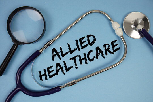 Allied Healthcare text with Stethoscope and magnifying glass on blue background