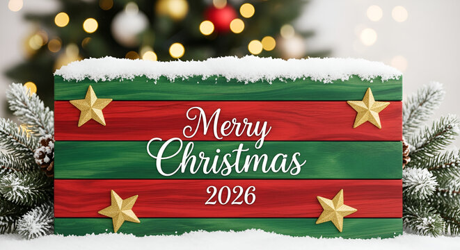 A festive Christmas scene featuring a rustic wooden sign with the text 'Merry Christmas 2026' in elegant cursive lettering. Happy New Year, Happy New Year 2026, Merry Christmas And Happy New ...