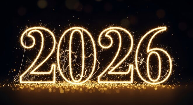 Sparkling Number Two Thousand Twenty Six - Close up of the year 2026 with a golden glow and sparkles, symbolizing celebration, new beginnings, prosperity, hope, and the future