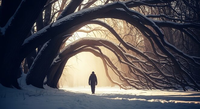 A person walking on a snow covered path through a forest with snow covered trees and bright light ahead - Powered by Adobe