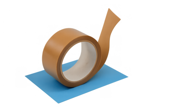 Brown packing tape on a blue surface with transparent background, representing office supply, packaging, and moving concepts
