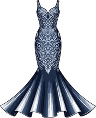 Dark Blue Mermaid Gown with White Embroidery, Sweetheart Neckline and Gradient Panels, Elegant Evening Dress for Formal Fashion Illustration