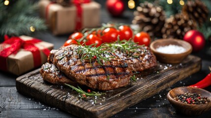 Festive grilled steak with cherry tomatoes and rosemary, served on a rustic wood board for holiday dining