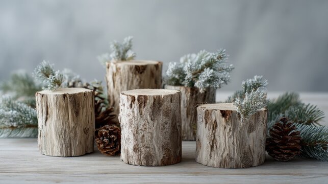 Rustic Winter Display with Wooden Logs and Pine Branches for Product Showcase