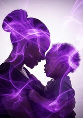 Tender Embrace Mother and Child - A black person. Mother lovingly holds child. Purple energy flows, symbolizing connection, love, protection, warmth, and the future