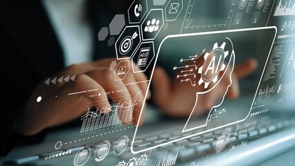 Business professional interacting with artificial intelligence interface and technology graphics in modern workplace setting. Asymptotic smart data analytic.